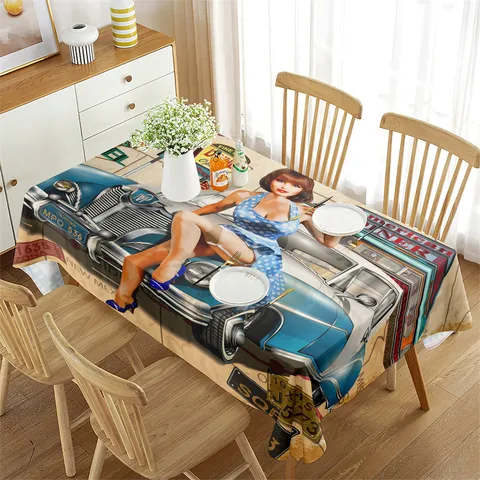 Mantel Rectangular Impermeable con Estampado de Coche y Chica Vintage Route 66 Mesa de Comedor en casa a Prueba de Polvo Cubierta Decorativa