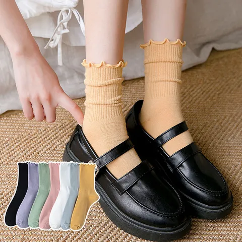 Damen Japanische Einfarbig Rüschenkante Baumwolle Mittelhoch Socken
