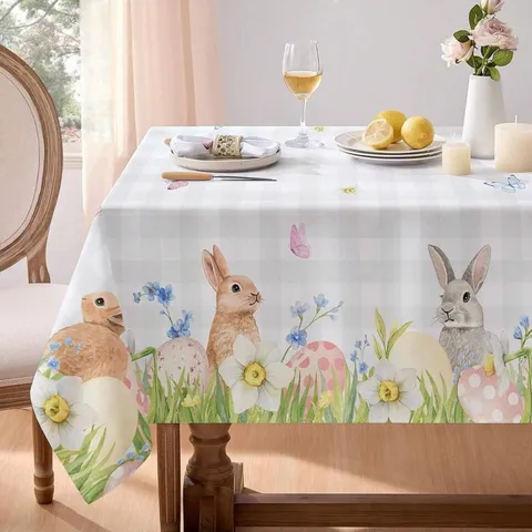 Mantel de Pascua Impermeable Lindo Conejo Huevos Patrón de Primavera Rectangular Decoración de Fiesta