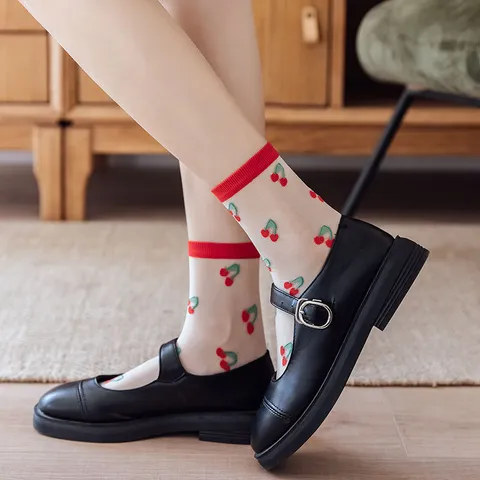Chaussettes en Soie de Verre Transparente Mince d'Été pour Femmes Style Japonais Ins Fruit Floral Maille Respirant Quotidien