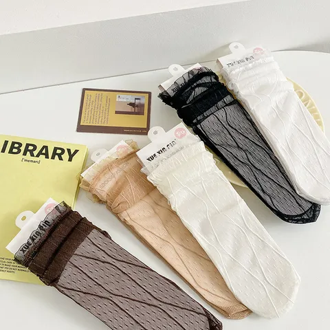 Damen Süß Lolita Transparente Spitze Wadenlange Socken Ultradünn Rüschenbesatz Atmungsaktiv Mode Strumpfwaren