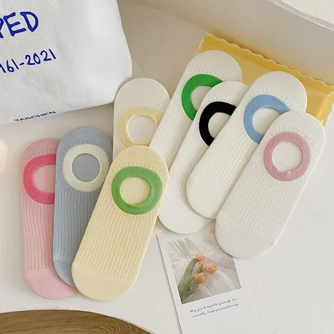 Damen Dünne Baumwolle Sneaker Socken Farbeblock Tief geschnitten Anti-Rutsch Lässige Unsichtbare Socken