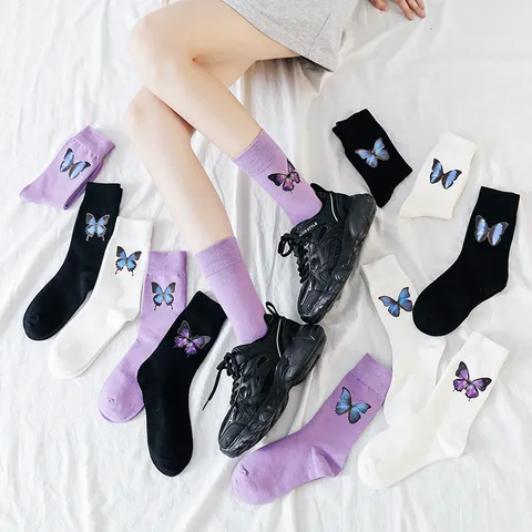 Chaussettes Ras du Cou Mignon Imprimé Papillon pour Femmes Japonais Ins Tendance Lumineux Coton Slouch Chaussettes Décontractées