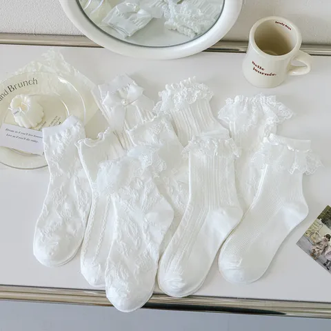 Chaussettes Mi-hautes en Coton Style Lolita Japonais pour Femmes Mignon Volant en Dentelle Nœud Papillon Doux Décontracté Mode
