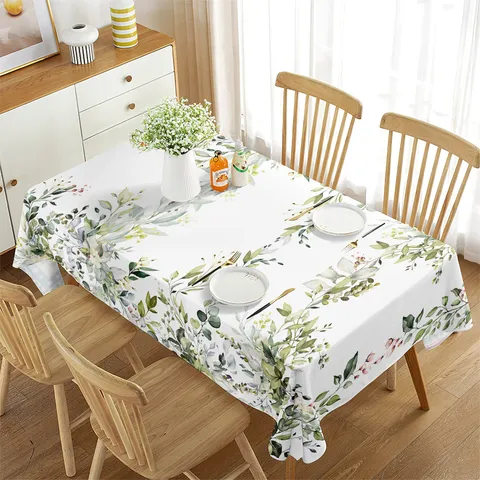 Waterproof Rectangular Tablecloth Botanical Green Leaves Table Cover Polyester Fabric Dining Table Protector