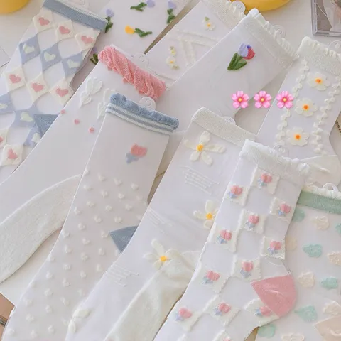 Damen Sommer Dünn Transparent Glasscheibe Seidensocken Japanisch Süß Gerüscht Wadenstrümpfe Blumen Herz Gitter Strumpfwaren