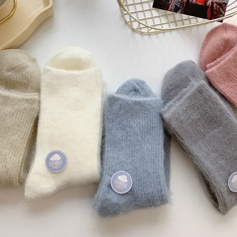Damen Winter Verdichtet Warm Einfarbig Kaninchenfell Fleece Wadenlange Socken Lässig Weiche Thermosocken
