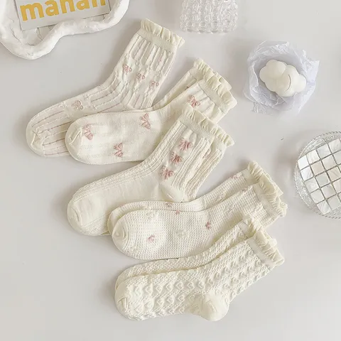 Femmes Japonais Lolita Mignon Coton Chaussettes Mi-Mollet Blanc Dentelle Volant Rose Nœud Jacquard Doux Quotidien Chaussettes