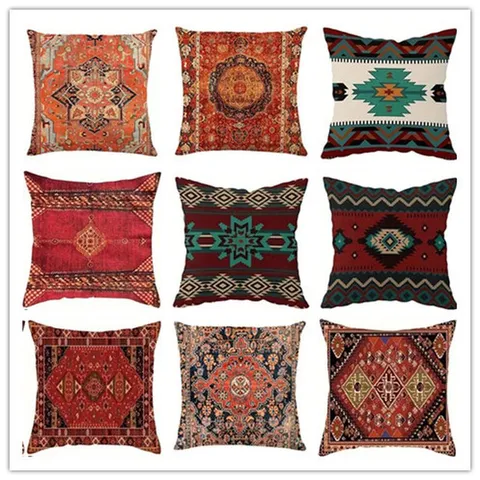 Funda de Cojín Decorativa Estilo Mandala Vintage Estampada en Lino Patrón Geométrico Étnico Para Sofá