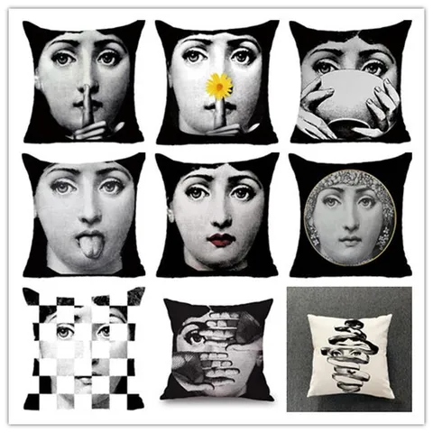 Retro Arte Rostro Humano Estampado Lino Funda de Cojín Estilo Nórdico Funda de Cojín Decorativa Para Hogar Sala de Estar Sofá