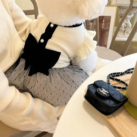 Vintage Small Fragrance Style Pet Dog Dress Bowknot Imitation Pearl Knitted Vest Puppy Cat Princess Clothes Apparel