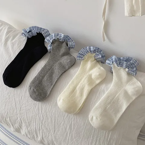 Women Sweet Style Cotton Plaid Lace Trim Foldover Short Tube Socks Casual Daily Cute Hosiery Footwear