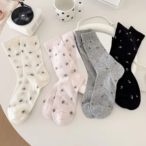 Damen Süß Blumen Netz Ausschnitt Wadenlange Socken Atmungsaktiv Dünn Lässig Slouch Crew Socken