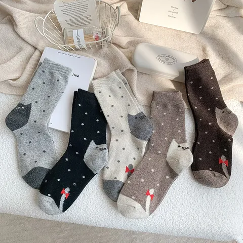 Calze Slouch In Lana Spessa Invernale con Gatto e Pois Donna Stile Giapponese Vintage Al Polpaccio Calze Calde Casual