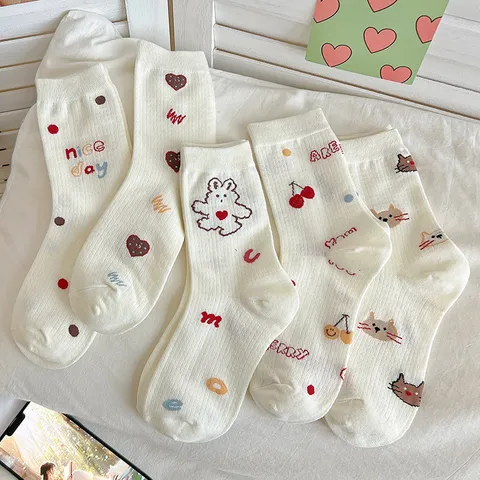 Women Cute Cartoon Jacquard Mid Tube Slouch Socks Cotton Breathable Casual Daily White Hosiery Student Fashion