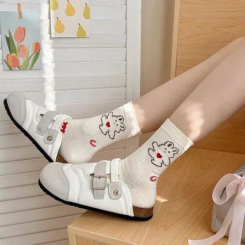 Women Cute Cartoon Jacquard Mid Tube Slouch Socks Cotton Breathable Casual Daily White Hosiery Student Fashion