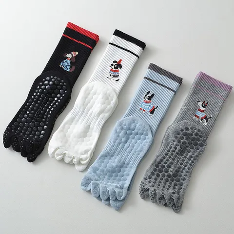 Women's Cute Puppy Pattern Five-Finger Yoga Socks Non-Slip Silicone Grip Pilates Mid-Tube Athletic Cotton Socks