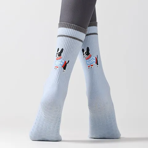 Women's Cute Puppy Pattern Five-Finger Yoga Socks Non-Slip Silicone Grip Pilates Mid-Tube Athletic Cotton Socks