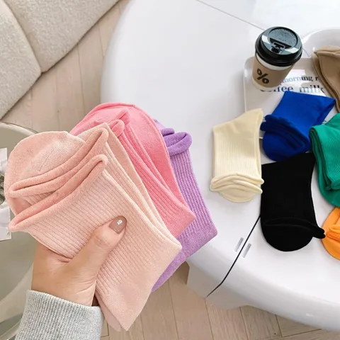 Women Cotton Slouch Socks Rolled Cuff Solid Color Casual Mid Tube Socks Japanese Style Cute Fashion Hosiery