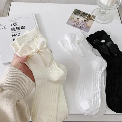 Femmes Douces Lolita Noeud Perle Chaussettes Mi-Mollet Mignon Japonais JK Uniforme Casual Coton Hoiserie
