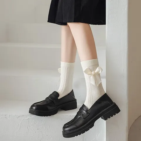 Femmes Douces Lolita Noeud Perle Chaussettes Mi-Mollet Mignon Japonais JK Uniforme Casual Coton Hoiserie