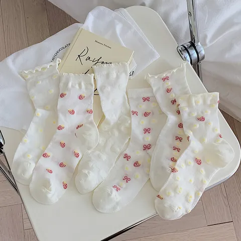 Women's Cute Japanese Style Thin Sheer Mid-Calf Socks Sweet Strawberry Bowknot Jacquard White Fashion Casual Hosiery