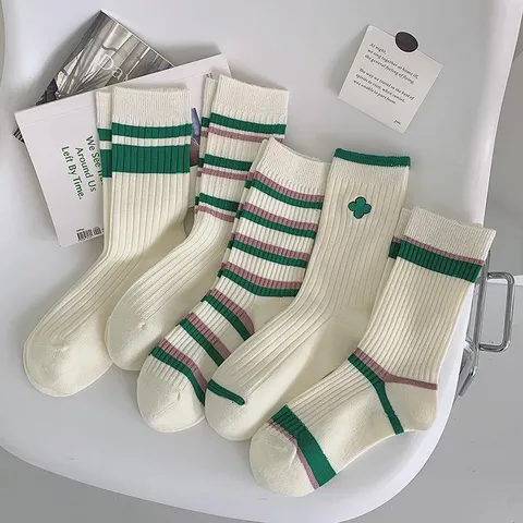 Women's Cotton Crew Socks Japanese College Style Striped Stackable Socks Embroidered Clover Fashion Hosiery Autumn Winter