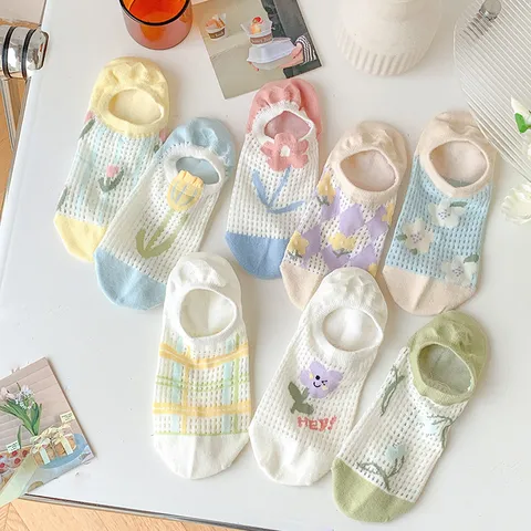 Damen Sommer Dünner Reine Baumwolle Netz Füßlinge Süße Japanische Low Cut Unsichtbare Anti Rutsch Kurze Socken Blumenmuster