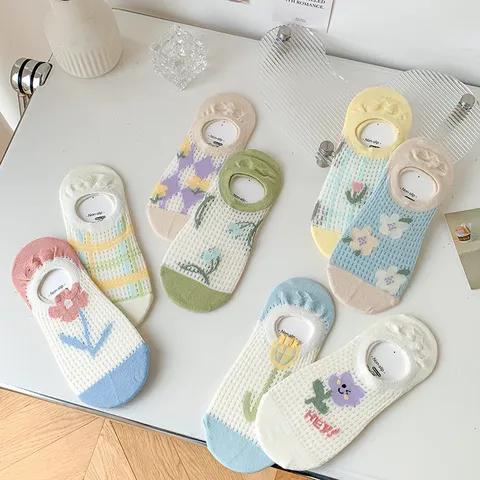 Damen Sommer Dünner Reine Baumwolle Netz Füßlinge Süße Japanische Low Cut Unsichtbare Anti Rutsch Kurze Socken Blumenmuster