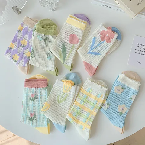 Damen Japanisch Süß Baumwolle Netz Slouch Socken Casual Blumen Atmungsaktiv Wadenhoch Socken Mode Alltag Strumpfwaren