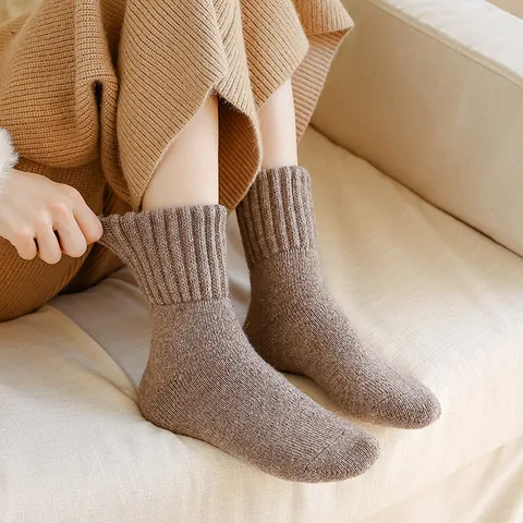 Calcetines Térmicos de Invierno Cálidos de Lana con Tejido de Rizo para Mujer Color Sólido Casual de Tubo Medio