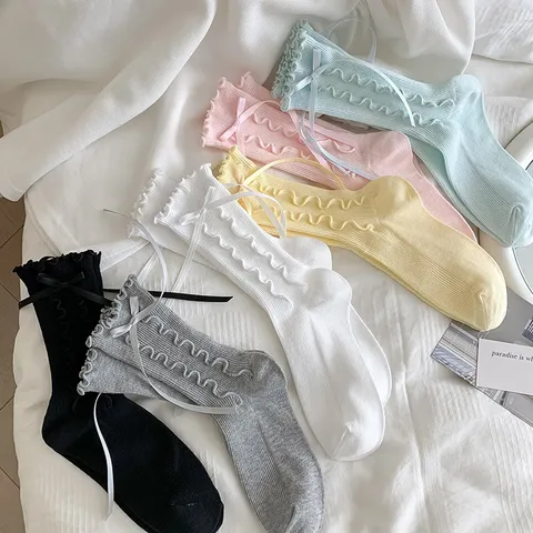 Women Sweet Ruffle Trim Ribbon Bow Crew Socks Japanese JK Lolita Cute Cotton Blend Casual Mid Tube Socks Hosiery