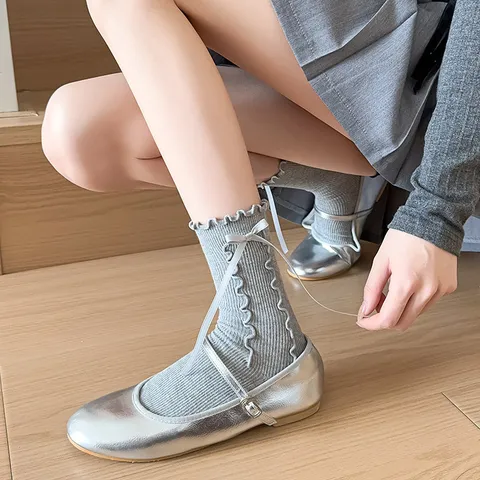 Women Sweet Ruffle Trim Ribbon Bow Crew Socks Japanese JK Lolita Cute Cotton Blend Casual Mid Tube Socks Hosiery