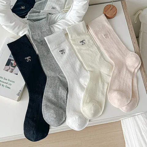 Women Sweet Bow Embroidery Mesh Breathable Mid-Calf Socks Japanese JK Style Casual Cotton Cute Stacked Socks