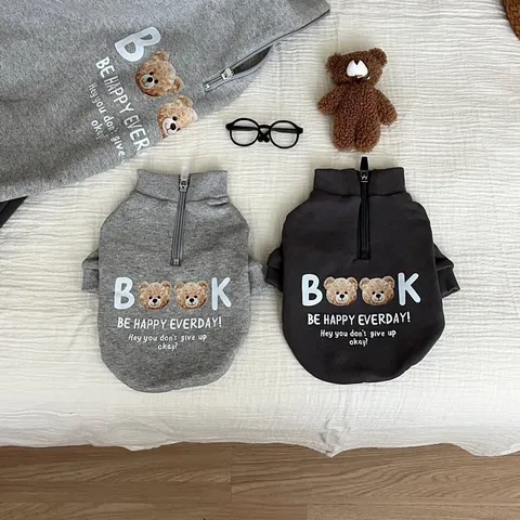 Pet Dog Winter Warm Fleece Hoodie Puppy Cat Cute Bear Print Turtleneck Half Zipper Sweatshirt Small Dog Clothes Apparel Outfit