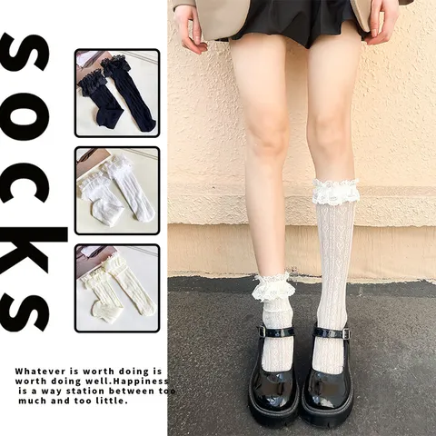 Women Summer Mesh Lace Over The Knee Long Socks Sweet Lolita JK Uniform Thigh High Stockings Breathable Fashion