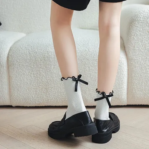 Chaussettes Mignonnes Style Japonais JK Lolita Avec Nœud Mignon Et Garniture en Dentelle Coton Respirant Décontracté