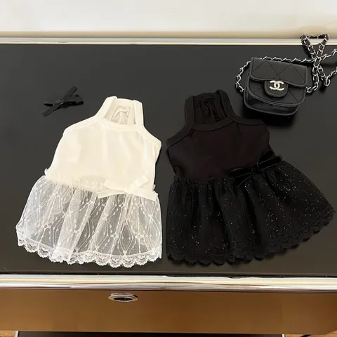 Spring Summer Small Dog Cat Polyester Lace Strap Dress Cute Bowknot Princess Skirt Puppy Apparel Pet Clothes