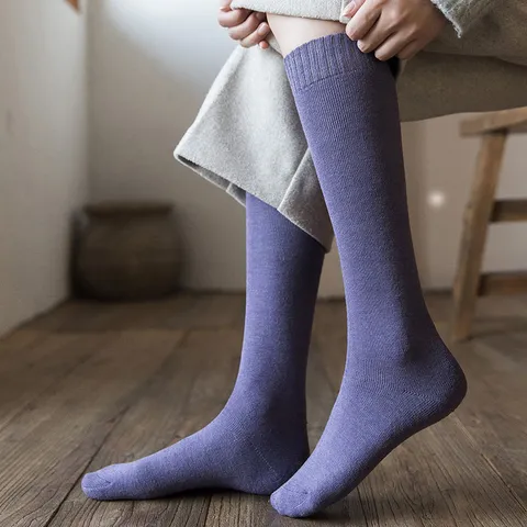 Damen Winter Verdicktes Frottee Langschaft Kniestrümpfe Japanischer Retro Einfarbig Warme Baumwolle Mode Casual Socken