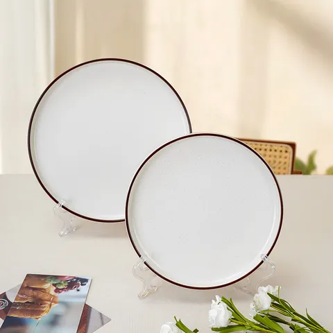 Modern Minimalist Ceramic Dinner Plate Round Tableware with Brown Rim for Steak Food Serving Home Hotel Restaurant