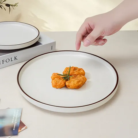 Modern Minimalist Ceramic Dinner Plate Round Tableware with Brown Rim for Steak Food Serving Home Hotel Restaurant