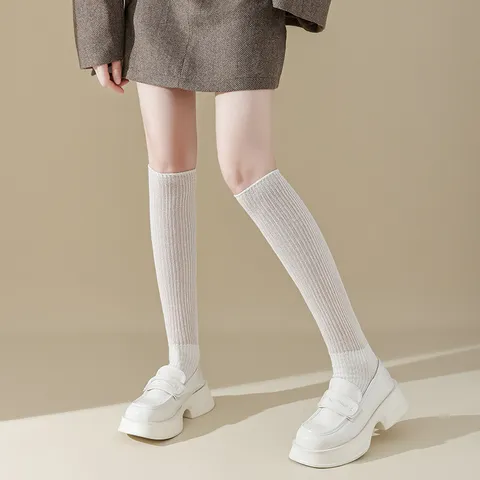 Women Solid Color Over The Knee Socks Coarse Needle Metallic Thread Knitted Stacked Socks Fashion Cute Apparel