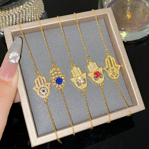 Vintage Bracciale in Acciaio al Titanio Placcato Oro Mano di Fatima Malocchio Strass per Donna Stile Etnico Bohemien Catena Regolabile Gioielli