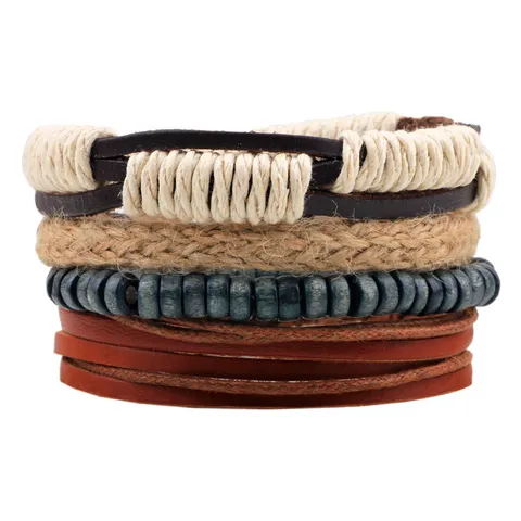 Vintage Multicapa Cuero Cuerda De Cáñamo Cuenta De Madera Pulsera Tejida Set Boho Casual Joyería Regalo