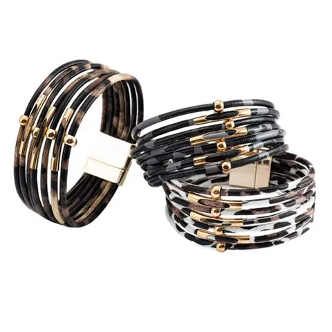 Pulsera Trenzada de Cuero Multicapa con Estampado de Leopardo con Tubo de Metal Dorado y Cierre Magnético Joyería de Moda para Mujeres