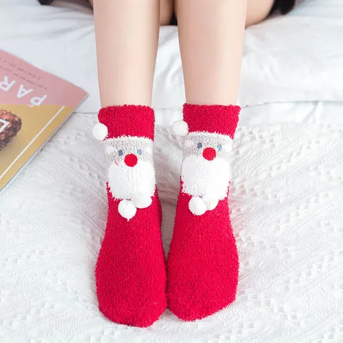 Women Winter Warm Coral Fleece Sleep Socks Cute 3D Cartoon Animal Christmas Fuzzy Thickened Floor Socks