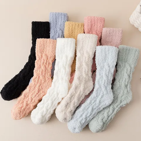 Damen Winter Verdickt Korallenfleece Warme Bodensocken Weich Einfarbig Flauschig Zuhause Schlaf Thermosocken