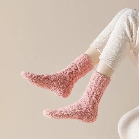 Damen Winter Verdickt Korallenfleece Warme Bodensocken Weich Einfarbig Flauschig Zuhause Schlaf Thermosocken