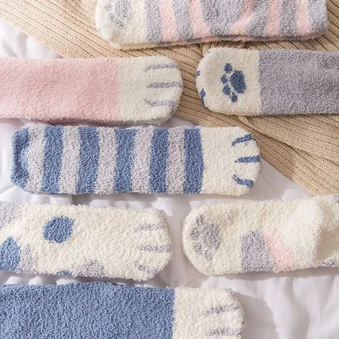 Damen Süße Katzenklaue Korallenfleece Schlafsocken Winter Verdickt Warm Zuhause Bodensocken Weich Flauschig Mittelhoch Schlafsocken