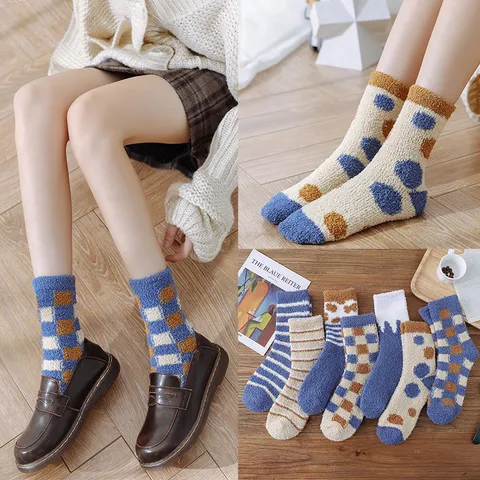 Verdickte Korallenfleece Schlafsocken Für Damen Winter Warme Wadenhohe Bodensocken Britischer Stil Karo Gestreifte Thermosocken